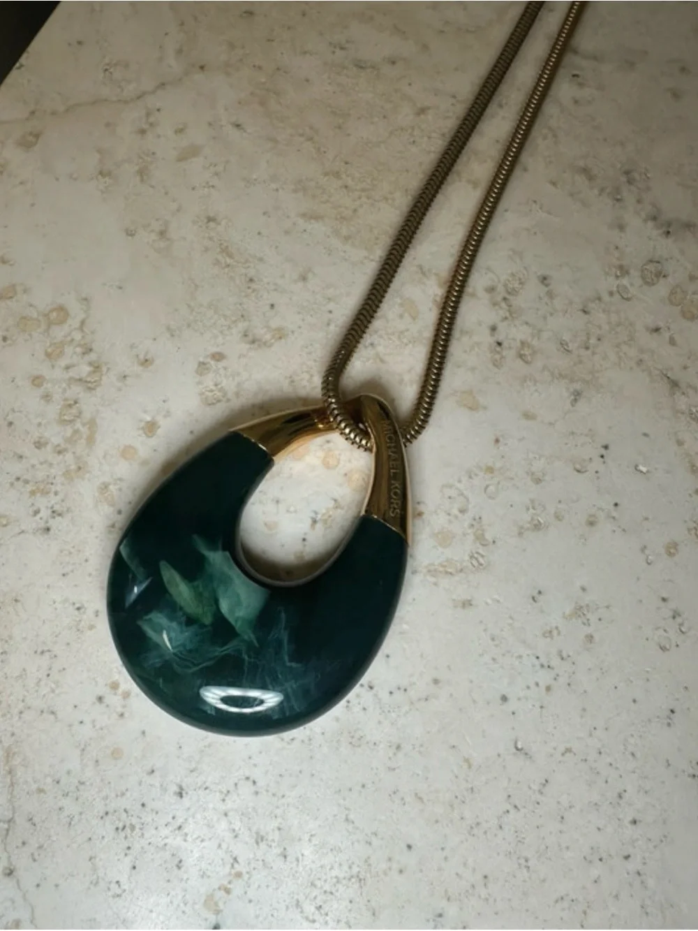 Michael Kors Dark Green Marbled Resin Drop Necklace with Gold-Tone Accents